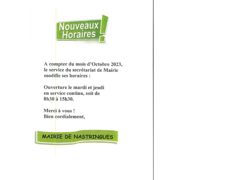 HORAIRES OUVERTURE MAIRIE DE NASTRINGUES